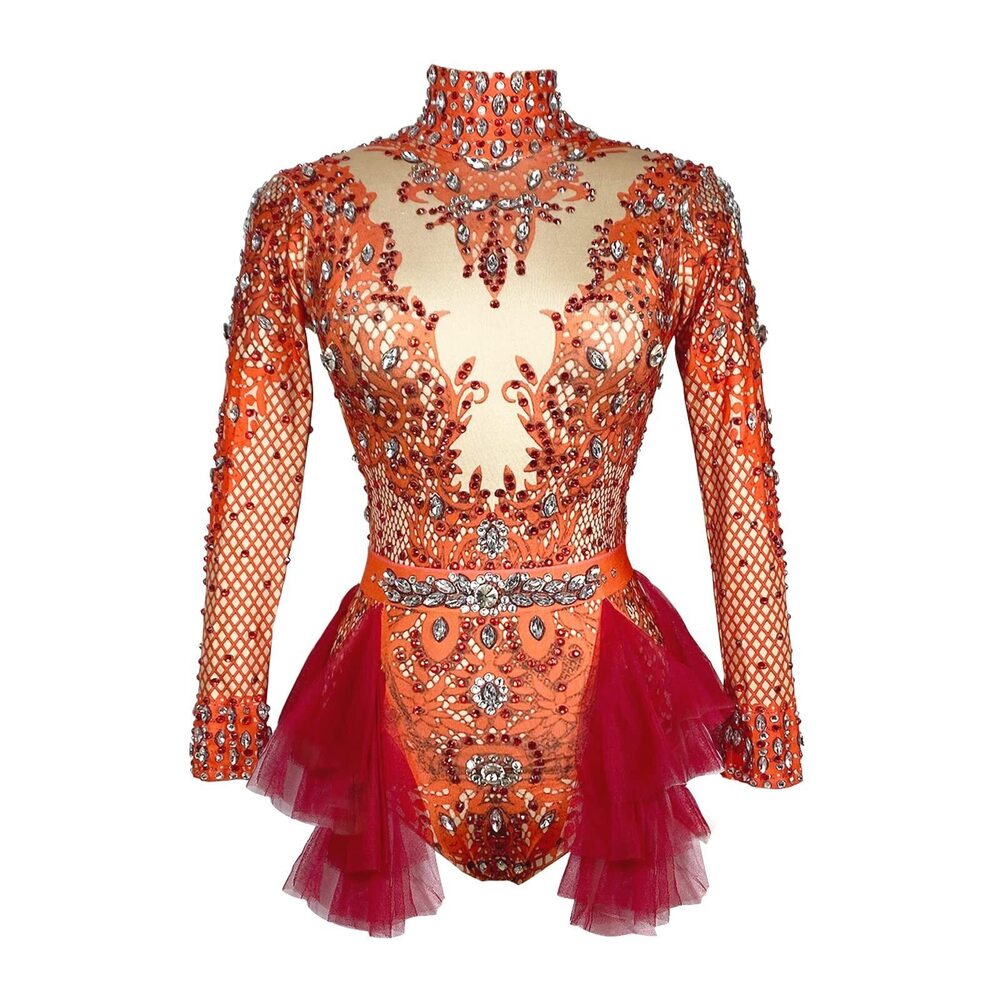 1002 Festival Rhinestone Team Bodysuit Ruffle Big Stretch Nightclub Prom